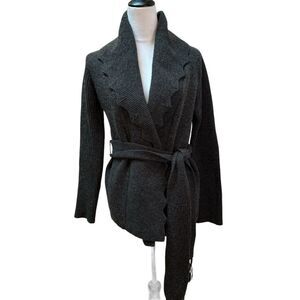 Tom K Nguyen Dark Gray 100% Wool Belted Scallop Edge Lapel Cardigan Sweater Sz M